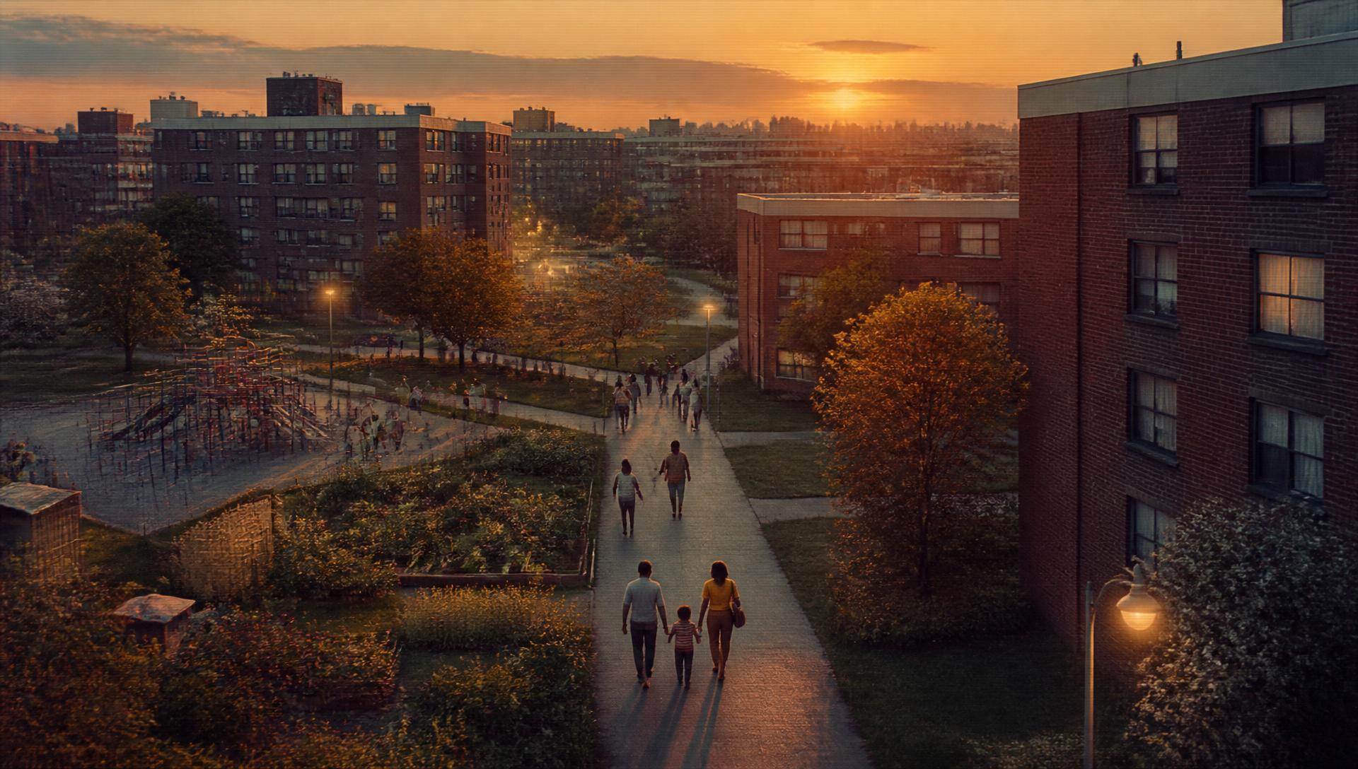 Public housing neighborhood at golden hour